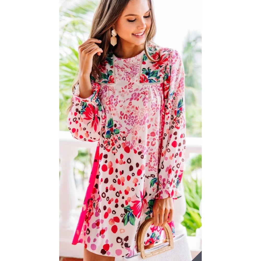 NWT Boutique Umgee Mixed Floral Leopard Print Lace Trim Shift Dress Pink Medium